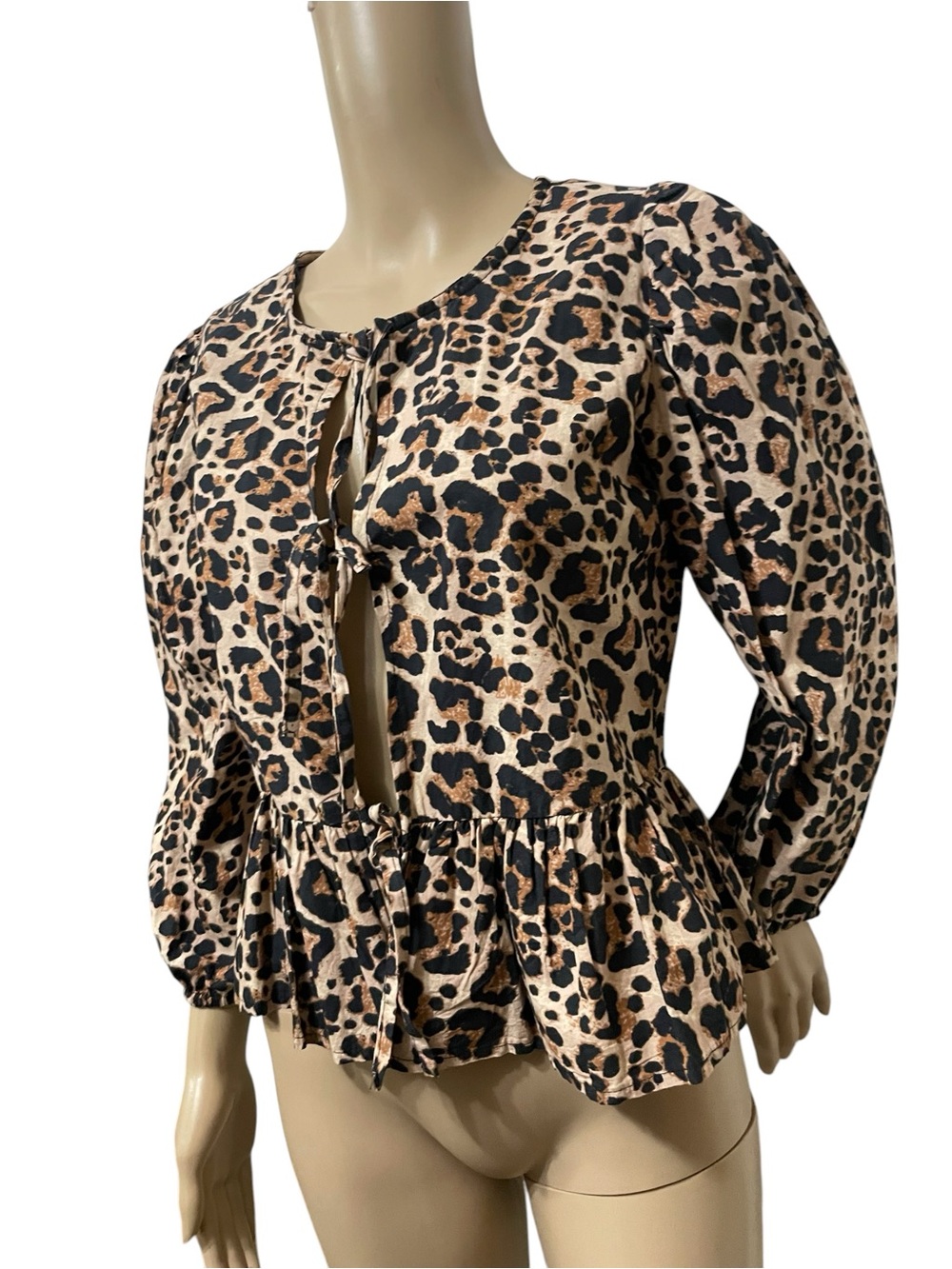 Sim & Sam Leopard Print Babydoll Peplum Tie Front Long Puff Sleeve Boho Top SZ M - Picture 5 of 16